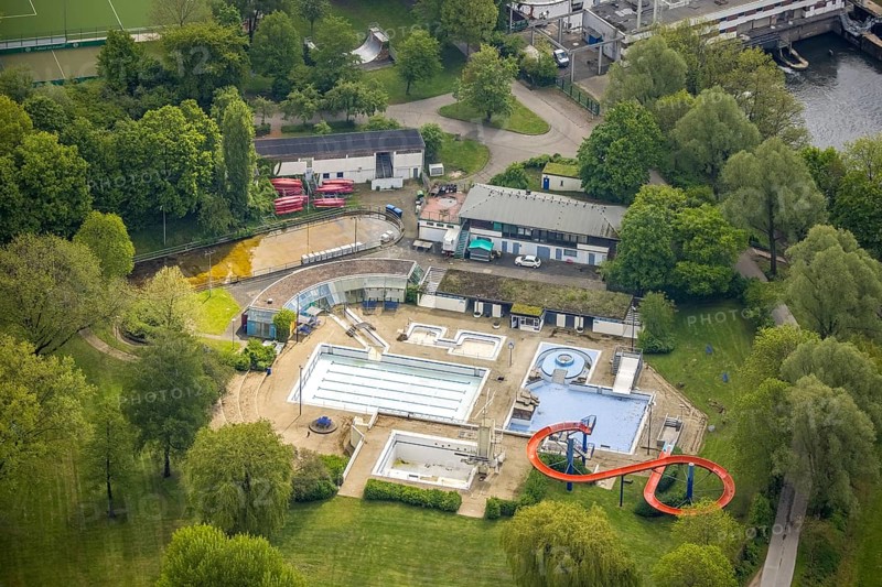 Aerial view, outdoor swimming pool Herdecke, Herdecke, Ruhr area, North Rhine-Westphalia, Germany, bathing establishment, bathing resort, DE, Europe, outdoor swimming pool, aerial view, aerial photography, aerial photography, swimming pool, swimming pool, overview, bird's eye view, water slide, birds-eyes view, overview