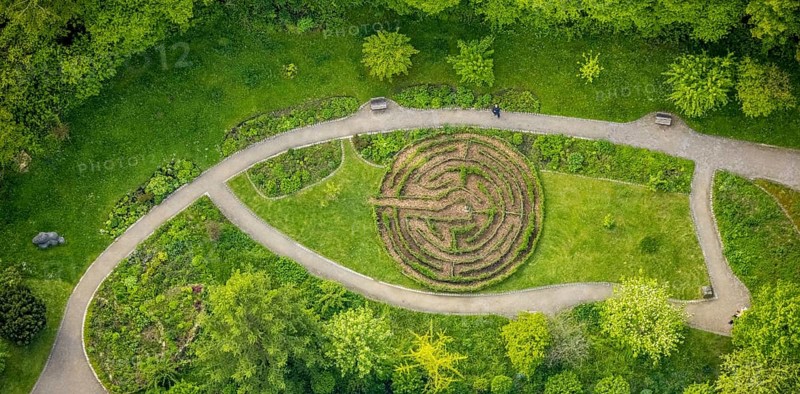 Aerial view, herb garden and labyrinth at the community hospital Herdecke, Westende, Herdecke, Ruhr area, North Rhine-Westphalia, Germany, 2 bridges over the Weser, DE, Europe, garden, aerial view, aerial photography, aerial photography, park, overview, birds-eyes view, overview