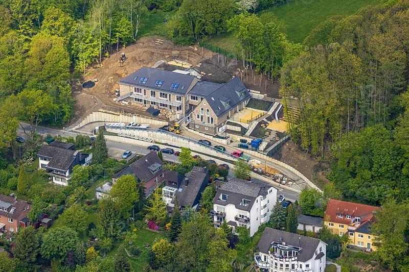 Aerial view, construction site and new building Waldorfkindergarten am Bergweg, Westende, Herdecke, Ruhr area, North Rhine-Westphalia, Germany, DE, Europe, kindergarten, day nursery, day care centre, day nursery, aerial view, aerial photography, aerial photography, overview, bird's-eye view, overview