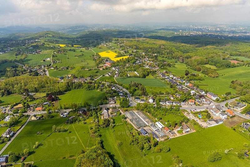 Aerial view, overview meadows and fields Ostend, Herdecke, Ruhr area, North Rhine-Westphalia, Germany, DE, Europe, distant view, hilly landscape, aerial view, aerial photography, aerial photography, rape field, overview, bird's eye view, meadows and fields, birds-eyes view, overview