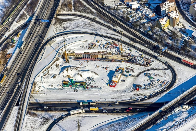 Aerial view, motorway junction Herne, A42 and A43, construction site A43 extension, Baukau, Herne, Ruhr area, North Rhine-Westphalia, Germany, extension, motorway A42, motorway A43, construction work, construction area, construction site, building plots, construction project, construction site, DE, Europe, aerial view, aerial photography, aerial photography, snow, overview, bird's eye view, winter, birds-eyes view, overview
