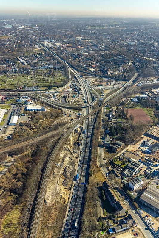 Aerial view, Herne motorway junction with new Baukau tunnel from the A43 to the A42, Baukau-West, Herne, Ruhr area, North Rhine-Westphalia, Germany, A42 motorway, A43 motorway, motorway junction, DE, Europe, distant view, aerial view, aerial photography, aerial photography, Rhine-Ruhr metropolitan region, road traffic, overview, traffic volume, bird's eye view, bird's eye view, overview