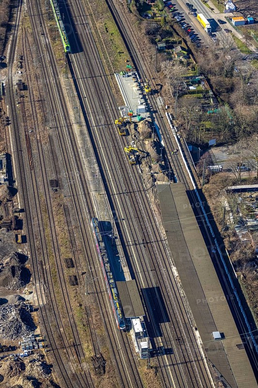 Aerial view, Herne main station with construction site, Baukau, Herne, Ruhr area, North Rhine-Westphalia, Germany, railway tracks, railway station, construction work, construction area, construction site, construction project, construction site, DE, Deutsche Bahn AG, Europe, railway tracks, main station, central station, aerial view, aerial photography, aerial photography, overview, bird's-eye view, bird's-eye view, overview