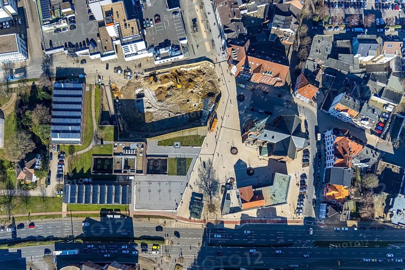 Aerial view, new construction Europagarten, Europaplatz, Kreuzkirche, LWL-Museum für Archäologie, Herne-Mitte, Herne, Ruhr area, North Rhine-Westphalia, Germany, place of worship, construction work, building, construction area, building site, building plots, construction project, construction site, DE, Europe, faith community, place of worship, holy place, church, church community, denomination, aerial view, aerial photography, aerial photography, Rhine-Ruhr metropolitan region, museum, religion, religious site, overview, bird's-eye view, overview