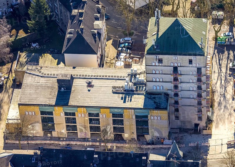 Aerial view, construction site World War II bunker with new flats, Kurt-Edelhagen-Platz, Sodingen, Herne, Ruhr area, North Rhine-Westphalia, Germany, construction work, construction area, construction site, building plots, construction project, construction site, bunker, DE, Europe, property tax, high-rise bunker, high-rise building, real estate, aerial view, aerial photography, aerial photography, tower, overview, bird's-eye view, residential complex, living and living, residential buildings, quality of living, residential neighbourhood, birds-eyes view, overview