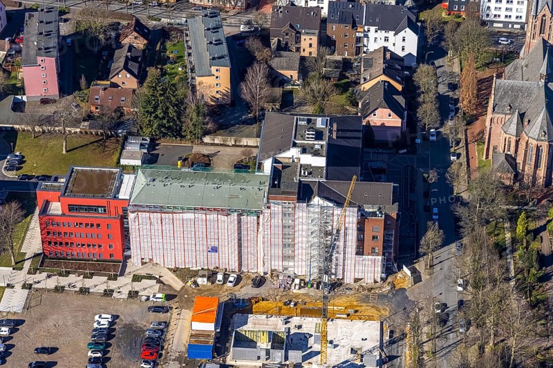 Aerial view, construction site campus of the St. Elisabeth Group, Widumer Höfe retirement homes, Ruhr education centre, Sodingen, Herne, Ruhr area, North Rhine-Westphalia, Germany, retirement home, construction work, construction, construction area, building site, building plots, construction project, construction site, care and nursing, DE, Europe, aerial view, aerial photography, aerial photography, new construction, care facility, retirement home, retirement residence, retirement home, senior centre, overview, bird's eye view, bird's eye view, overview