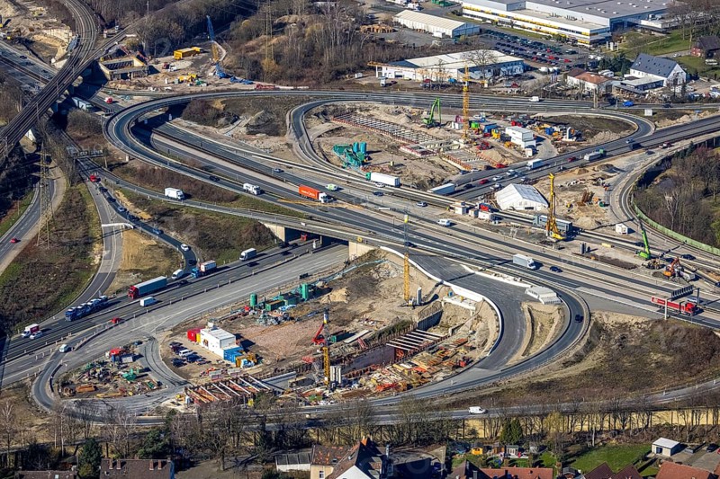 Aerial view, Herne motorway junction with new Baukau tunnel from the A43 to the A42, Baukau-West, Herne, Ruhr area, North Rhine-Westphalia, Germany, A42 motorway, A43 motorway, motorway junction, DE, Europe, distant view, aerial view, aerial photography, aerial photography, Rhine-Ruhr metropolitan region, road traffic, overview, traffic volume, bird's eye view, bird's eye view, overview