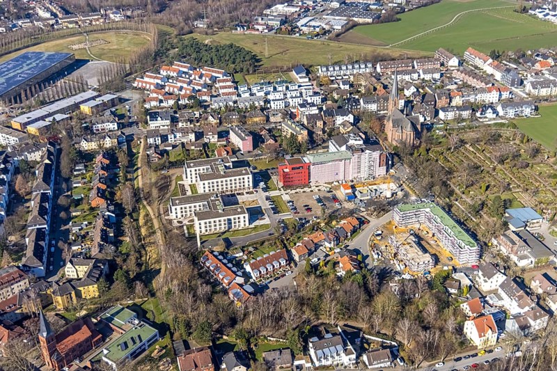 Aerial view, construction site campus of the St. Elisabeth Group, Widumer Höfe retirement homes, Ruhr education centre, Sodingen, Herne, Ruhr area, North Rhine-Westphalia, Germany, retirement home, construction work, construction, construction area, building site, building plots, construction project, construction site, care and nursing, DE, Europe, aerial view, aerial photography, aerial photography, new construction, care facility, retirement home, retirement residence, retirement home, senior centre, overview, bird's eye view, bird's eye view, overview