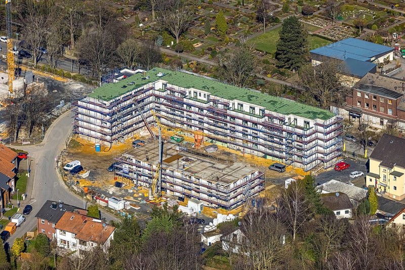 Aerial view, construction site campus of the St. Elisabeth Group, Widumer Höfe retirement homes, Ruhr education centre, Sodingen, Herne, Ruhr area, North Rhine-Westphalia, Germany, retirement home, construction work, construction, construction area, building site, building plots, construction project, construction site, care and nursing, DE, Europe, aerial view, aerial photography, aerial photography, new construction, care facility, retirement home, retirement residence, retirement home, senior centre, overview, bird's eye view, bird's eye view, overview