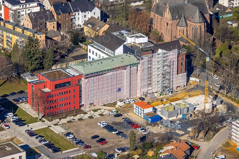Aerial view, construction site campus of the St. Elisabeth Group, Widumer Höfe retirement homes, Ruhr education centre, Sodingen, Herne, Ruhr area, North Rhine-Westphalia, Germany, retirement home, construction work, construction, construction area, building site, building plots, construction project, construction site, care and nursing, DE, Europe, aerial view, aerial photography, aerial photography, new construction, care facility, retirement home, retirement residence, retirement home, senior centre, overview, bird's eye view, bird's eye view, overview