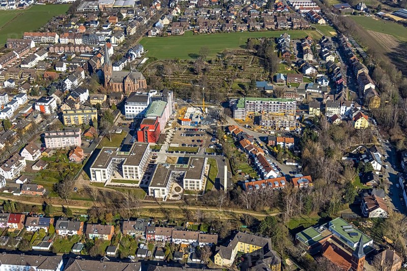 Aerial view, construction site campus of the St. Elisabeth Group, Widumer Höfe retirement homes, Ruhr education centre, Sodingen, Herne, Ruhr area, North Rhine-Westphalia, Germany, retirement home, construction work, construction, construction area, building site, building plots, construction project, construction site, care and nursing, DE, Europe, aerial view, aerial photography, aerial photography, new construction, care facility, retirement home, retirement residence, retirement home, senior centre, overview, bird's eye view, bird's eye view, overview