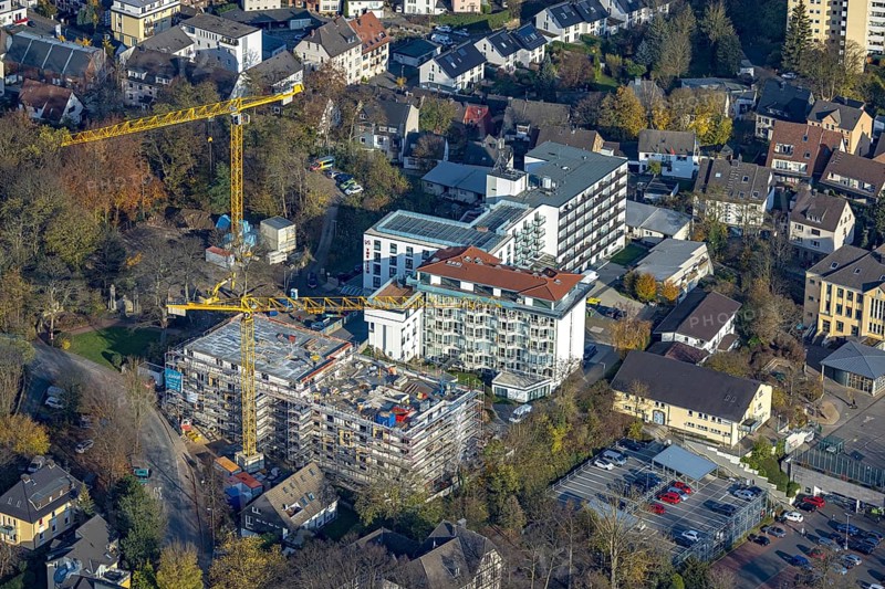 Aerial view, construction site old people's home GVS Herdecke in Herdecke, Ruhr area, North Rhine-Westphalia, Germany, old people's home, old people's residence, old people's home, construction work, construction area, building site, building plots, construction crane, construction measure, construction project, construction site, care and nursing, DE, Europe, non-profit association for social facilities, Herdecke, aerial view, aerial photography, aerial photography, new building, care facility, retirement home, retirement residence, retirement home, retirement centre, overview, bird's eye view, bird's eye view, overview