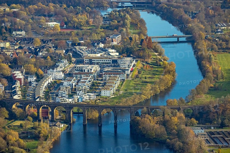 Aerial view, Ruhr viaduct and Ruhr-Aue district with Ruhr promenade on the Ruhr river in Herdecke, Ruhr area, North Rhine-Westphalia, Germany, DE, railway viaduct, Europe, property tax, Herdecke, real estate, aerial photography, aerial photography, promenade, overview, bird's eye view, residential complex, living and life, residential area, residential buildings, residential quality, residential district, housing estate, bird's eye view, overview