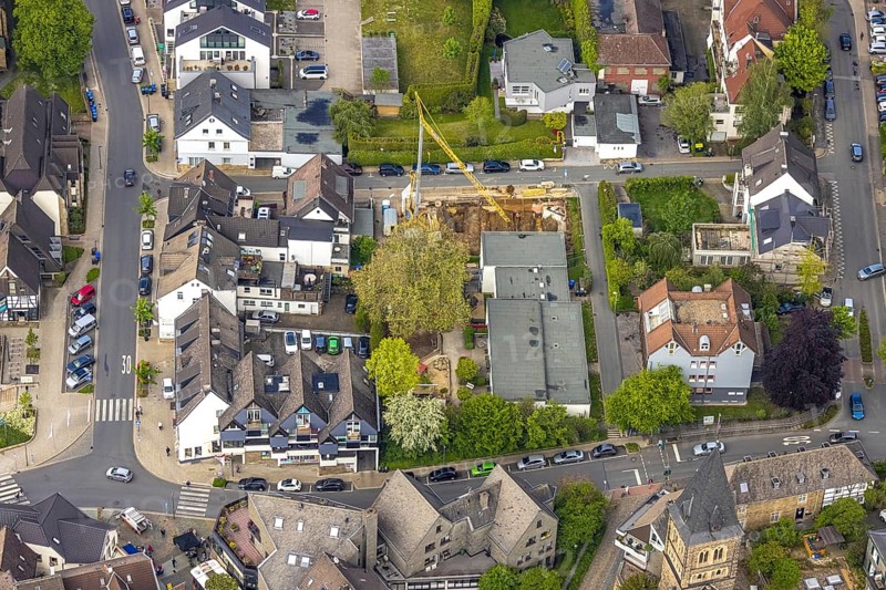 Aerial view, construction site extension for the Spinngasse Protestant kindergarten, Herdecke, Ruhr area, North Rhine-Westphalia, Germany, construction work, construction area, construction site, building plots, construction crane, construction project, construction site, DE, Europe, aerial view, aerial photography, aerial photography, new building, overview, bird's-eye view, overview
