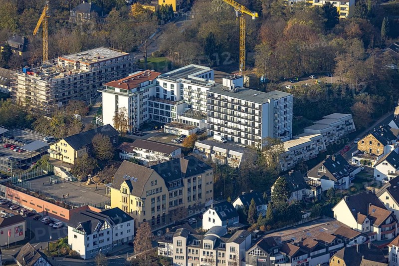 Aerial view, construction site old people's home GVS Herdecke in Herdecke, Ruhr area, North Rhine-Westphalia, Germany, old people's home, old people's residence, old people's home, construction work, construction area, building site, building plots, construction crane, construction measure, construction project, construction site, care and nursing, DE, Europe, non-profit association for social facilities, Herdecke, aerial view, aerial photography, aerial photography, new building, care facility, retirement home, retirement residence, retirement home, retirement centre, overview, bird's eye view, bird's eye view, overview