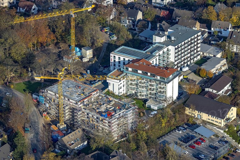 Aerial view, construction site retirement home GVS Herdecke in Herdecke, Ruhr area, North Rhine-Westphalia, Germany, retirement home, retirement home, construction work, construction area, building site, building plots, construction crane, construction project, construction site, care and nursing, DE, Europe, Non-profit association for social facilities, Goethestrasse, Herdecke, aerial photography, aerial photography, aerial photography, new building, care facility, retirement home, retirement residence, retirement home, retirement centre, overview, bird's eye view, birds-eyes view, overview