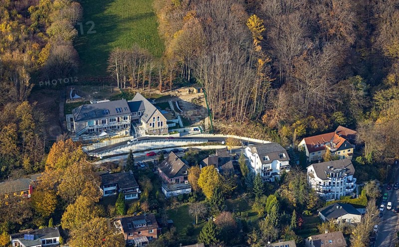 Aerial view, construction site and new building for a Waldorf kindergarten on Bergweg in the Westende district of Herdecke, Ruhr area, North Rhine-Westphalia, Germany, DE, Europe, Herdecke, kindergarten, day nursery, day care centre, day nursery, aerial photography, aerial photography, overview, bird's-eye view, overview