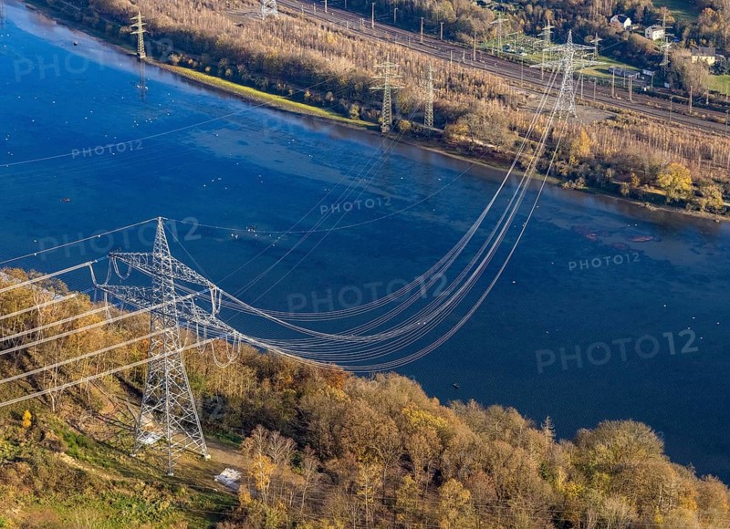 Aerial view, power pole and power line at the Köpchenwerk over the Hengsteysee in Herdecke, Ruhr area, North Rhine-Westphalia, Germany, DE, energy supplier, energy industry, Europe, Herdecke, aerial view, aerial photography, aerial photography, electricity, overview, bird's-eye view, overview