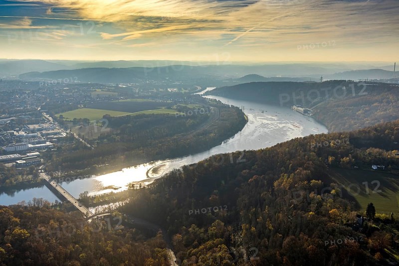 Aerial view, Hengsteysee in backlight with the Köpchenwerk RWE pumped storage power plant between Hagen and Herdecke, Ruhr area, North Rhine-Westphalia, Germany, DE, Europe, Hagen, aerial view, aerial photography, aerial photography, overview, bird's-eye view, overview
