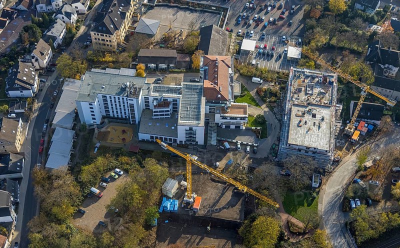 Aerial view, construction site old people's home GVS Herdecke in Herdecke, Ruhr area, North Rhine-Westphalia, Germany, old people's home, old people's residence, old people's home, construction work, construction area, building site, building plots, construction crane, construction measure, construction project, construction site, care and nursing, DE, Europe, non-profit association for social facilities, Herdecke, aerial view, aerial photography, aerial photography, new building, care facility, retirement home, retirement residence, retirement home, retirement centre, overview, bird's eye view, bird's eye view, overview