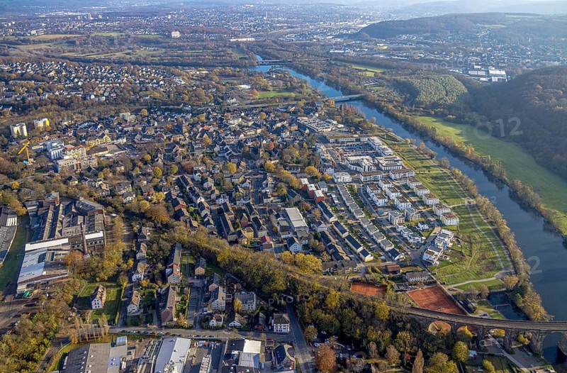 Aerial view, aerial view with Ruhr-Aue neighbourhood and Ruhr promenade at the river Ruhr in Herdecke, Ruhr area, North Rhine-Westphalia, Germany, City, DE, Europe, property tax, Herdecke, real estate, aerial view, aerial photography, aerial photography, promenade, overview, bird's-eye view, residential area, living and life, residential area, residential buildings, residential quality, residential neighbourhood, housing estate, birds-eyes view, overview