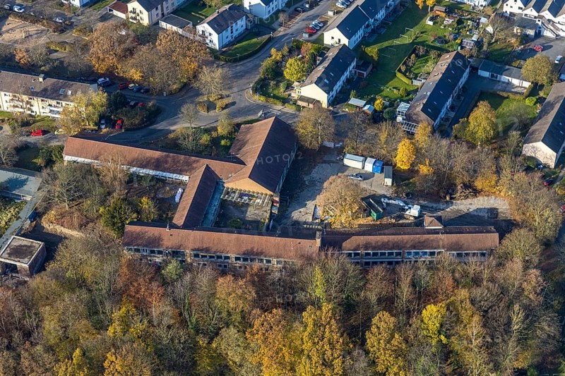 Aerial view, demolition work of the former primary school in the village for the construction of a new residential neighbourhood in the Westende district of Herdecke, Ruhr area, North Rhine-Westphalia, Germany, demolition work, DE, Europe, Herdecke, aerial view, aerial photography, aerial photography, school, overview, bird's-eye view, residential complex, residential neighbourhood, birds-eyes view, overview