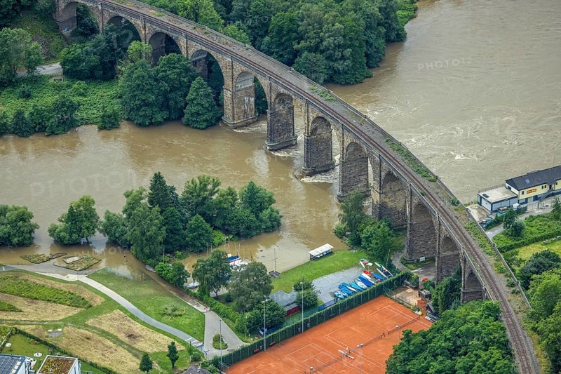Aerial photo, Ruhr flood, barrage Hengsteysee, flooding, Herdecke, Boele, Hagen, Ruhr area, North Rhine-Westphalia, Germany, DE, Europe, birds-eyes view, aerial photo, aerial photography, aerial photography, overview, overview, bird's eye view, Ruhr flood, heavy rain, flood of the century