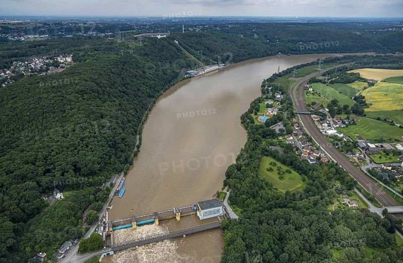 Aerial photo, Ruhr flood, barrage Hengsteysee, flooding, Herdecke, Boele, Hagen, Ruhr area, North Rhine-Westphalia, Germany, DE, Europe, birds-eyes view, aerial photo, aerial photography, aerial photography, overview, overview, bird's eye view, Ruhr flood, heavy rain, flood of the century