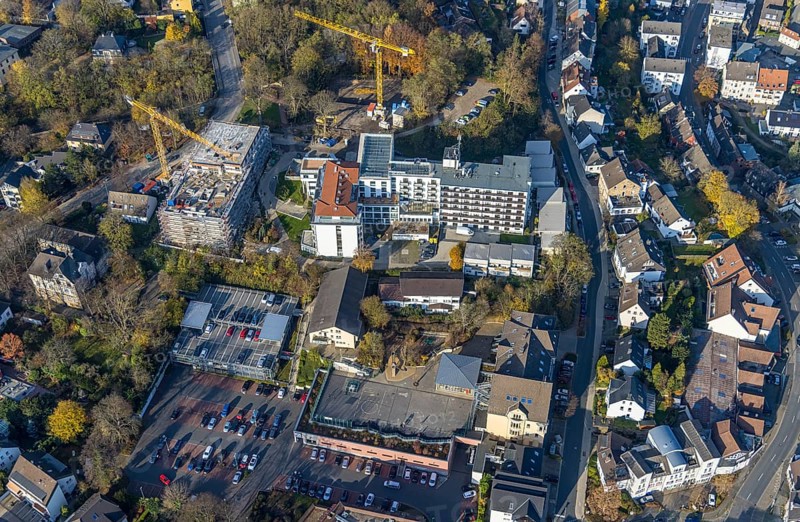 Aerial view, construction site old people's home GVS Herdecke in Herdecke, Ruhr area, North Rhine-Westphalia, Germany, old people's home, old people's residence, old people's home, construction work, construction area, building site, building plots, construction crane, construction measure, construction project, construction site, care and nursing, DE, Europe, non-profit association for social facilities, Herdecke, aerial view, aerial photography, aerial photography, new building, care facility, retirement home, retirement residence, retirement home, retirement centre, overview, bird's eye view, bird's eye view, overview