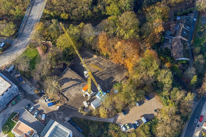 Aerial view, construction site old people's home GVS Herdecke in Herdecke, Ruhr area, North Rhine-Westphalia, Germany, old people's home, old people's residence, old people's home, construction work, construction area, building site, building plots, construction crane, construction measure, construction project, construction site, care and nursing, DE, Europe, non-profit association for social facilities, Herdecke, aerial view, aerial photography, aerial photography, new building, care facility, retirement home, retirement residence, retirement home, retirement centre, overview, bird's eye view, bird's eye view, overview