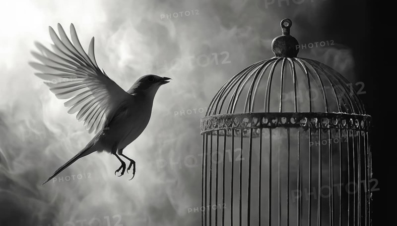 Black And White Hand Drawn Image Capturing Birds Soaring Out Of A Cage - A Detailed Illustration Of Birds Breaking Free, AI generated