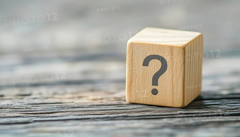 Wooden Cube Block Shape With Question Mark Symbol On Wood Table: Column Of Wooden Blocks With Question Sign Mark, Copy Space, Grey, AI generated