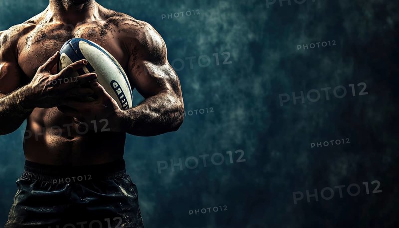 Rugby Player Holding Ball In Horizontal Position, With Space For Text. Action Shot In Sports Of Football. Expand The Image, AI generated