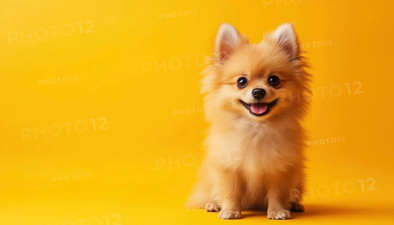 Adorable Pomeranian Spitz Puppy Portrait On Vibrant Yellow Background With Space For Text. Small Smiling Dog With Fluffy Fur. Trendy Design, AI generated