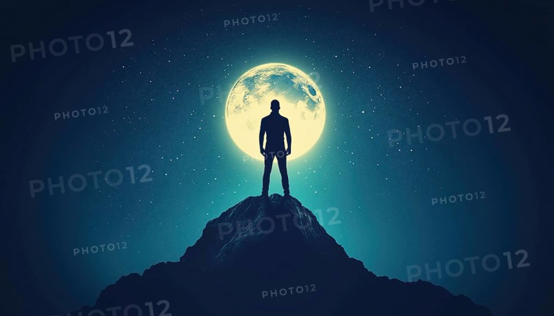 Successful Businessman Conquers Mountain Summit: Competition, Leadership, And Global Success. Man Stands By Illuminated Globe Under Night Sky, AI generated