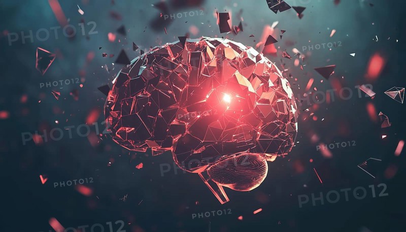 Abstract Brain Technology Logo With Geometric Design, Connected Glass Shatter And Pixel Explosion In A Low Poly Style, AI generated
