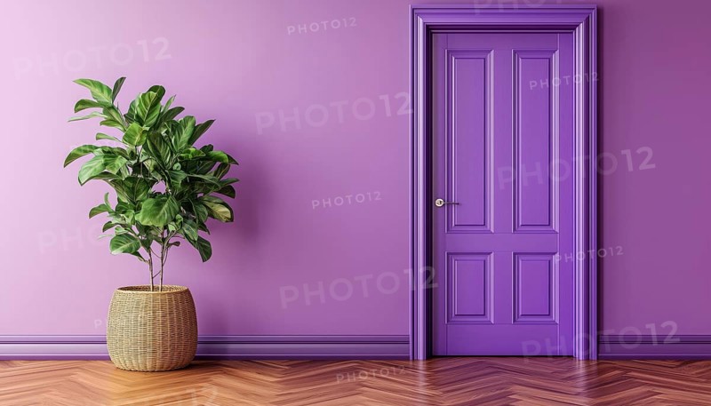 Elegant Purple Living Room With Classic Purple Door And Wicker Vase Of Plants, Accentuated By Brown Parquet Detail. A Stunning Design, AI generated