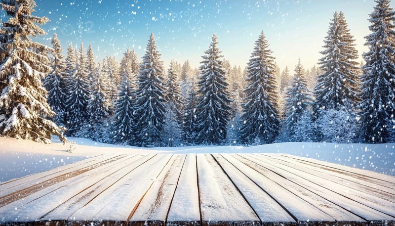 Winter Wonderland: A Scenic Christmas Landscape With Copy Space. Snow-Covered Wooden Flooring In A Forest Filled With Fir-Trees Adorned With Snow, AI generated