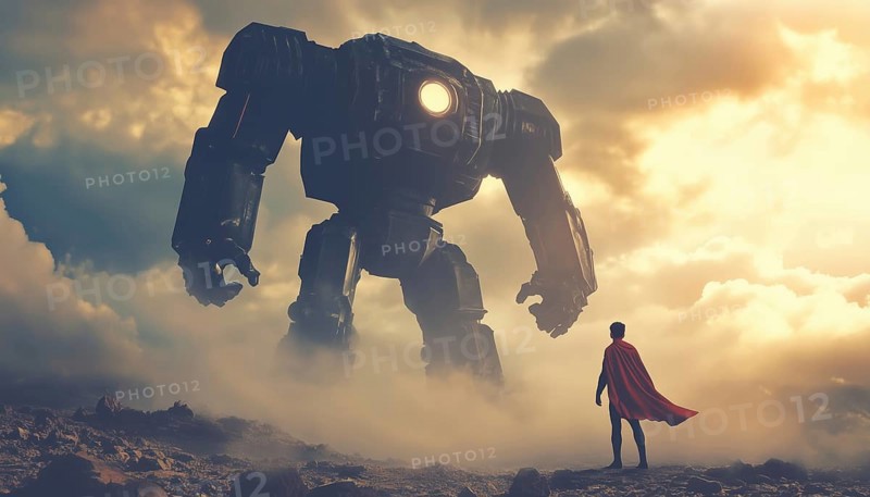 Superhero Battling Enormous Evil Robot - Exciting Clash Of Good Versus Evil In A High-Stakes Showdown To Save Humanity, AI generated