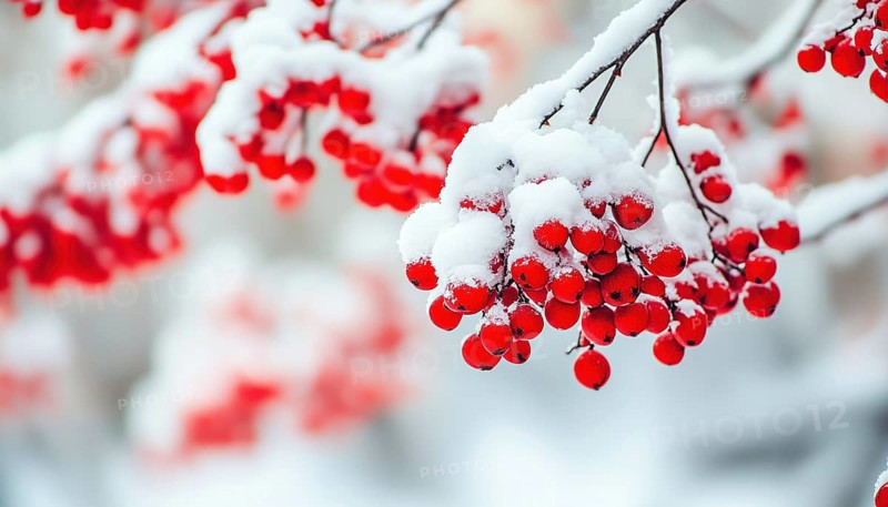 Breathtaking Winter Landscape: Snow-Laden Rowan Tree Branches With Vibrant Red Berries. Close-Up Shot With Wide Angle View For Web Design, AI generated