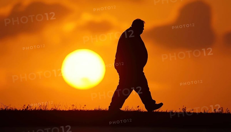 Sunlit Fat Man Silhouetted Walking Against The Sun'S Rays, Exuding A Sense Of Peace And Contentment In The Leisurely Stroll, AI generated