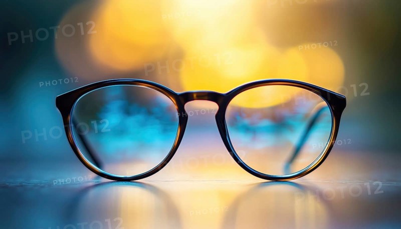 Close-Up Of Eyeglasses With Progressive Lenses For Elderly People On Table, Soft Focus Background, View Through Eyeglasses, AI generated
