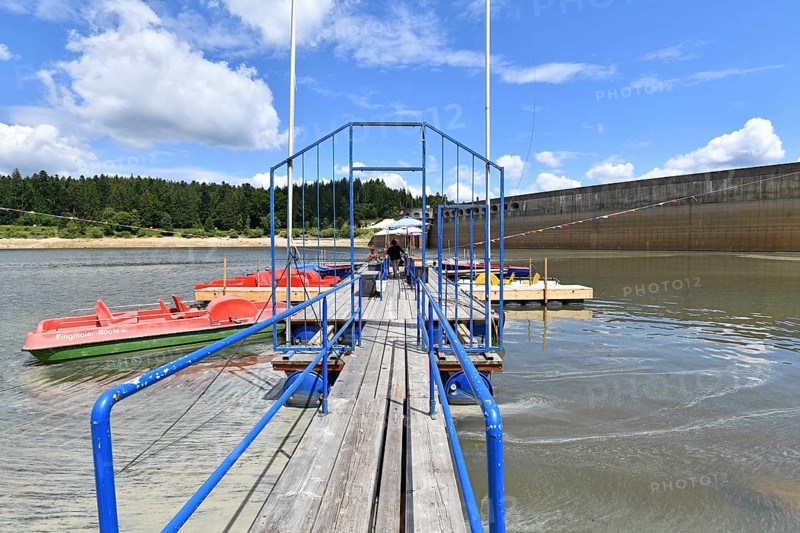 Forbach, Germany - July 13th 2025: Boat dock and rental at Schwarzenbach Dam (German: Schwarzenbachtalsperre) reservoir in Forbach in Northern Black Forest