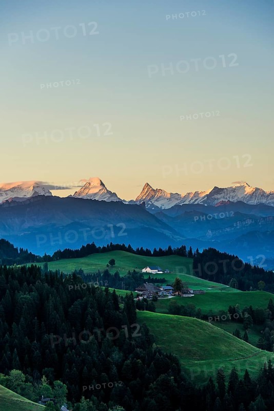 Panorama, snow-covered mountains, Bernese Oberland, view from Lüderenalp, sunrise, Emmental, Canton of Bern, Switzerland