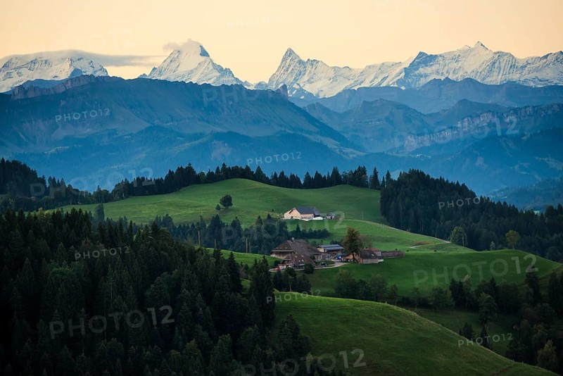 Panorama, snow-covered mountains, Bernese Oberland, view from Lüderenalp, sunrise, Emmental, Canton of Bern, Switzerland