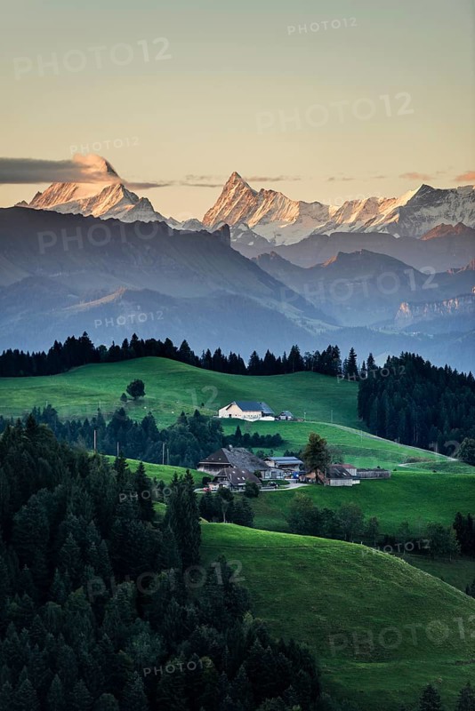 Panorama, snow-covered mountains, Bernese Oberland, view from Lüderenalp, sunrise, Emmental, Canton of Bern, Switzerland