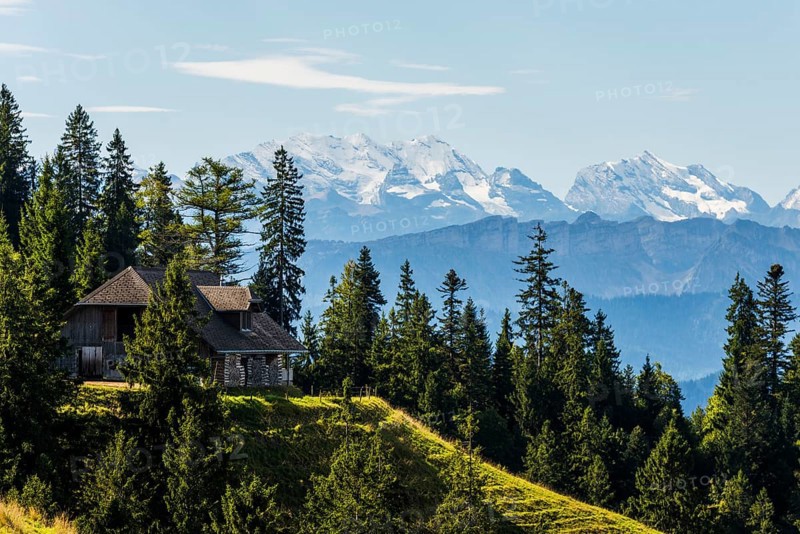 Panorama, snow-covered mountains, Bernese Oberland, view from Lüderenalp, Emmental, Canton of Bern, Switzerland