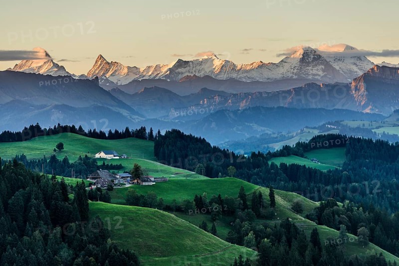 Panorama, snow-covered mountains, Bernese Oberland, view from Lüderenalp, sunrise, Emmental, Canton of Bern, Switzerland