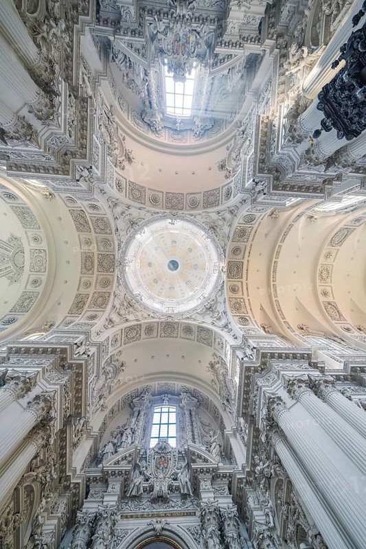 Artfully decorated baroque ceiling view with refined architecture and rich details, Munich, Germany
