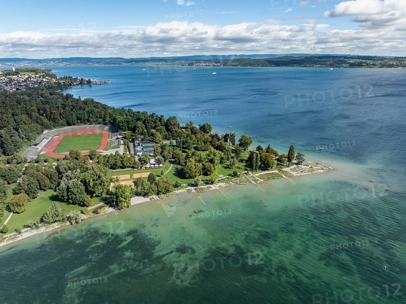 Aerial view of Lake Constance with the Horn lido and Lake Constance stadium, Constance district, Baden-Württemberg, Germany